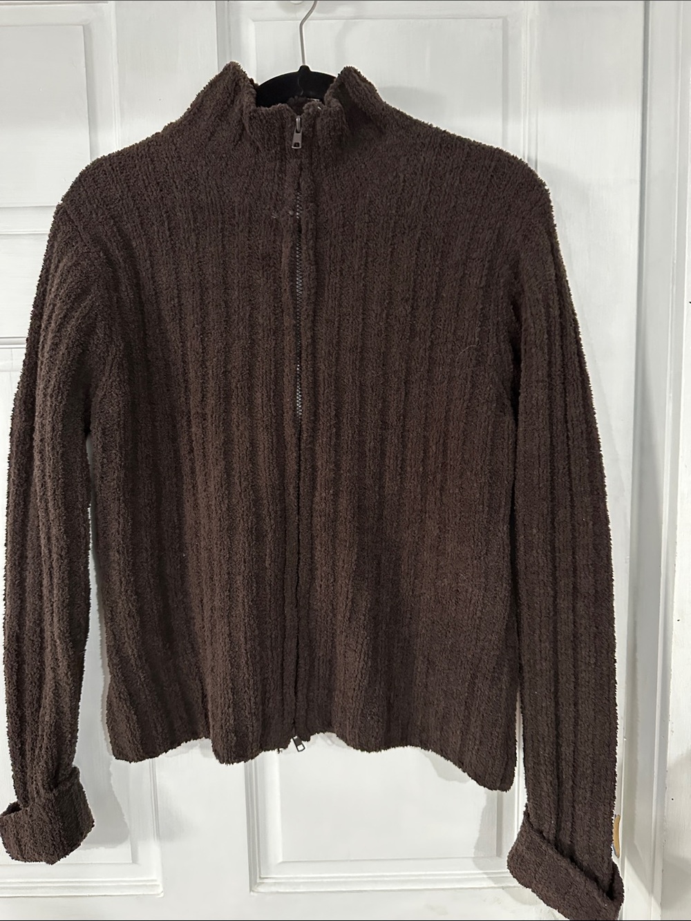 Cozy Ribbed Full-Zip Cardigan Sweater in Dark Brown